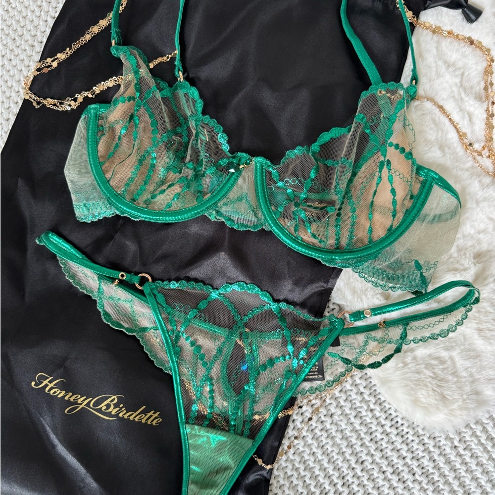 Honey birdette “Goldy” Emerald Set 34D Medium EUC